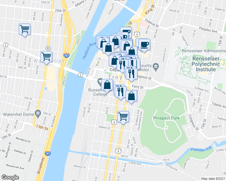 map of restaurants, bars, coffee shops, grocery stores, and more near 108 2nd Street in Troy