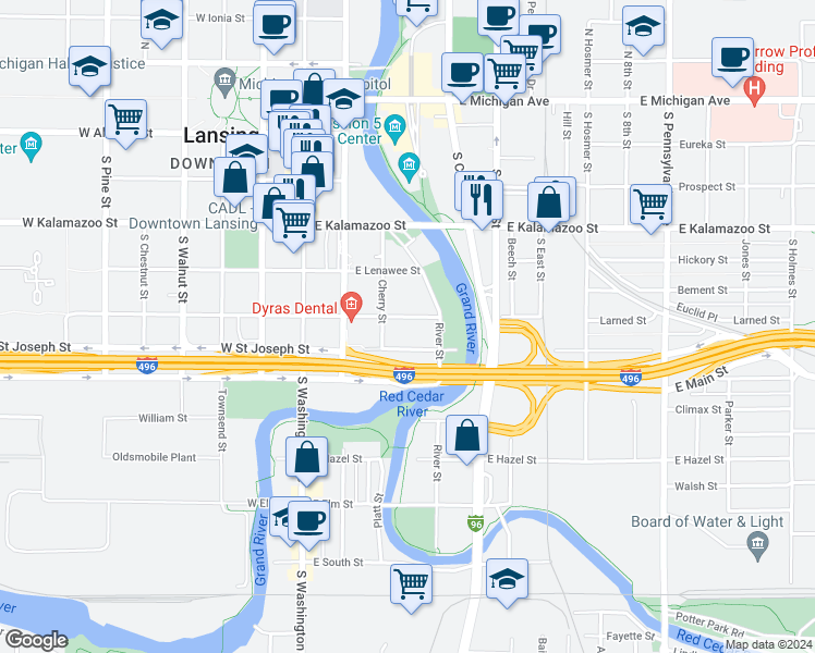 map of restaurants, bars, coffee shops, grocery stores, and more near 341 East Hillsdale Street in Lansing