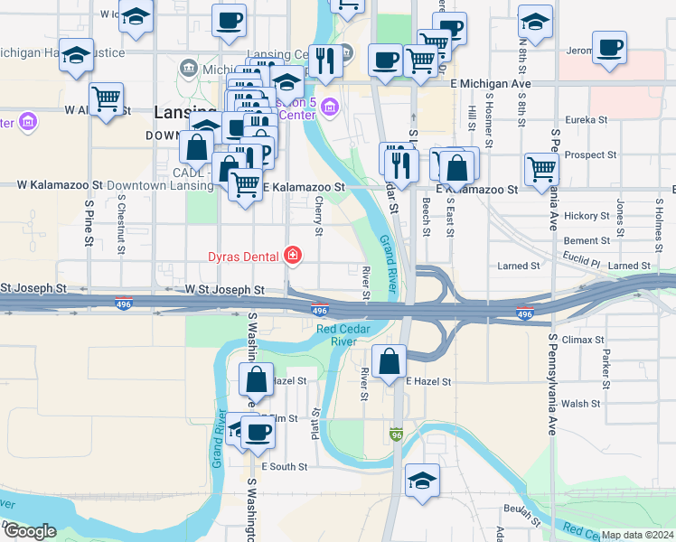 map of restaurants, bars, coffee shops, grocery stores, and more near 533 Cherry Street in Lansing
