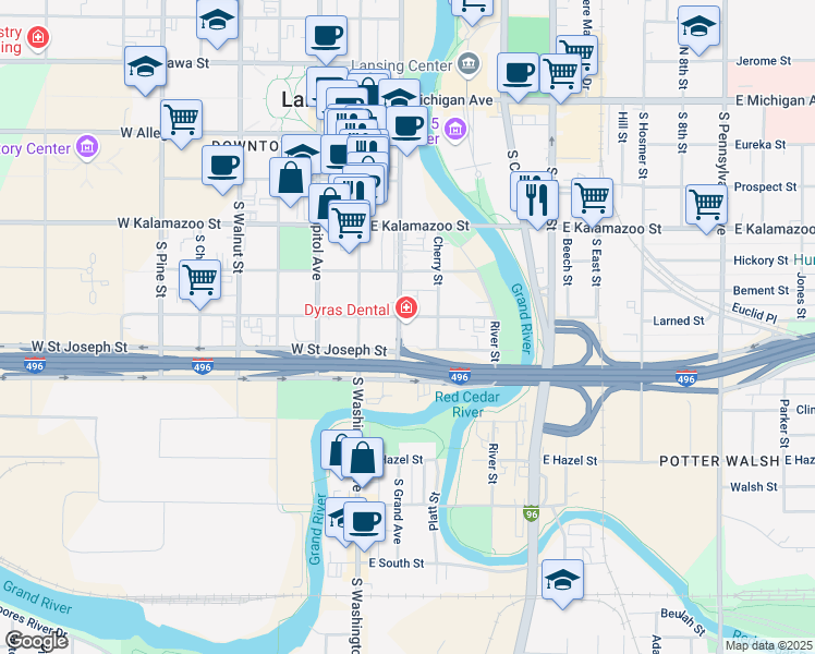 map of restaurants, bars, coffee shops, grocery stores, and more near 533 South Grand Avenue in Lansing