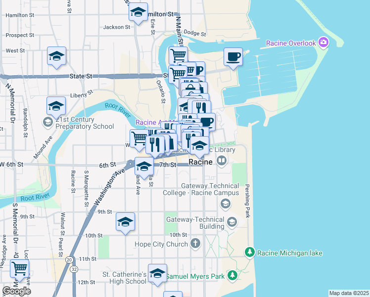 map of restaurants, bars, coffee shops, grocery stores, and more near 500 Wisconsin Avenue in Racine