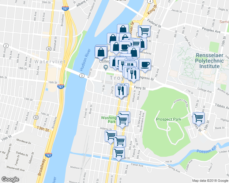 map of restaurants, bars, coffee shops, grocery stores, and more near 122 2nd Street in Troy