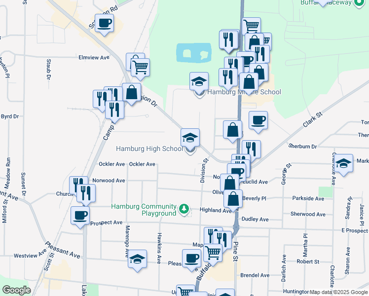 map of restaurants, bars, coffee shops, grocery stores, and more near 4111 Legion Drive in Hamburg