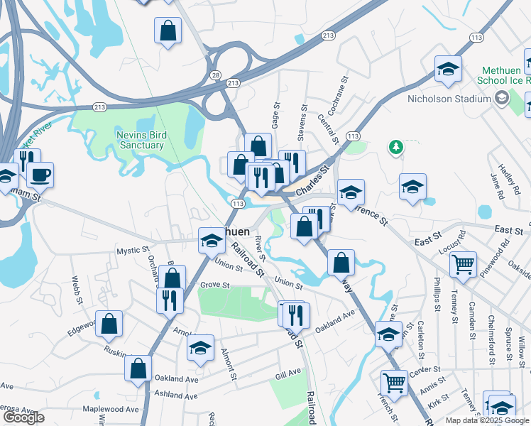 map of restaurants, bars, coffee shops, grocery stores, and more near 50 Osgood Street in Methuen