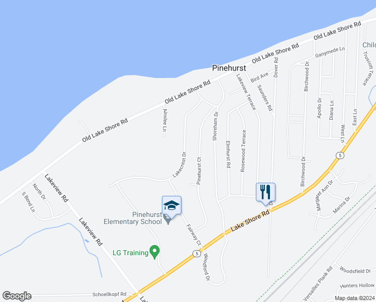 map of restaurants, bars, coffee shops, grocery stores, and more near 5885 Lakecrest Drive in Lake View