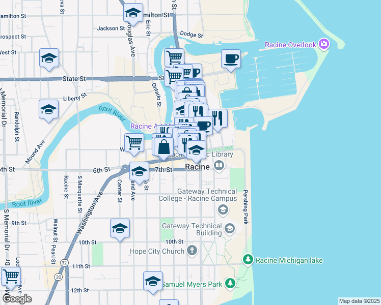 map of restaurants, bars, coffee shops, grocery stores, and more near 530 Monument Square in Racine