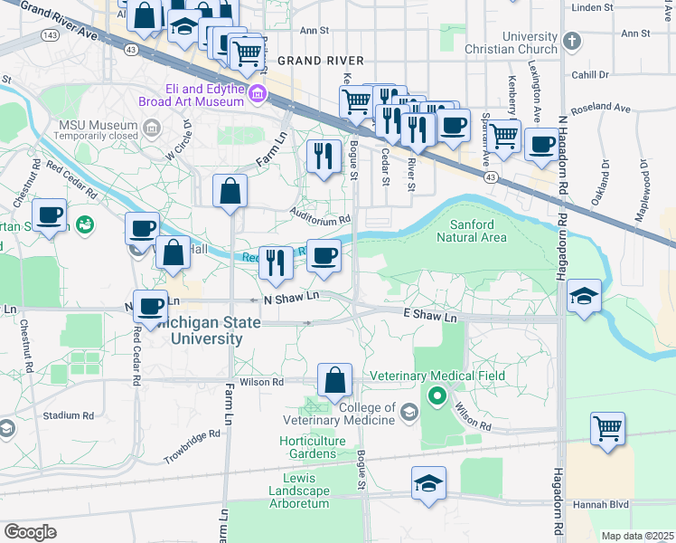 map of restaurants, bars, coffee shops, grocery stores, and more near 632 Bogue Street in East Lansing