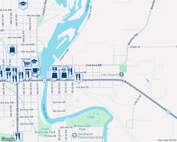 map of restaurants, bars, coffee shops, grocery stores, and more near 214 6th Street Northeast in Waverly