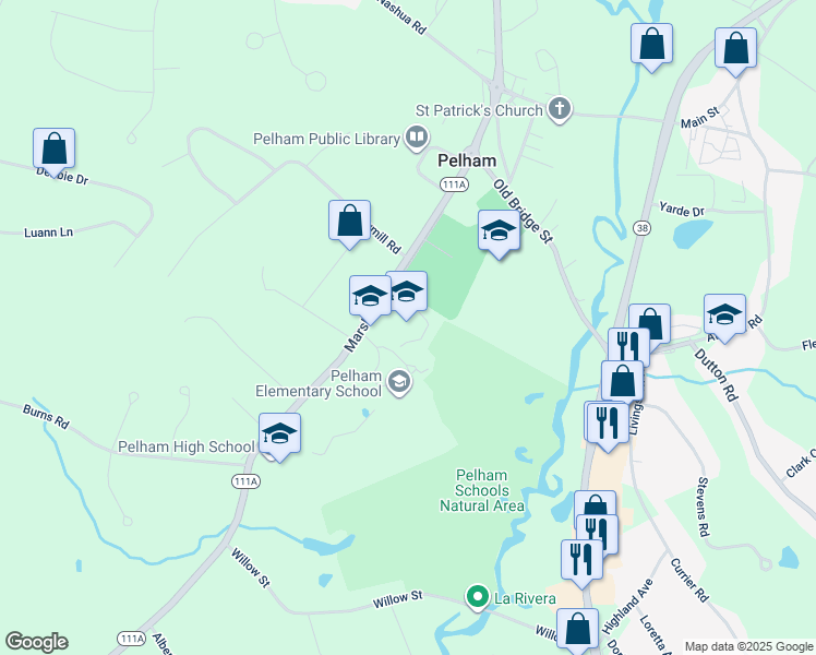map of restaurants, bars, coffee shops, grocery stores, and more near 59 Marsh Road in Pelham