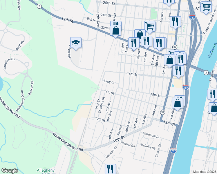 map of restaurants, bars, coffee shops, grocery stores, and more near 1410 Chestnut Street in Watervliet