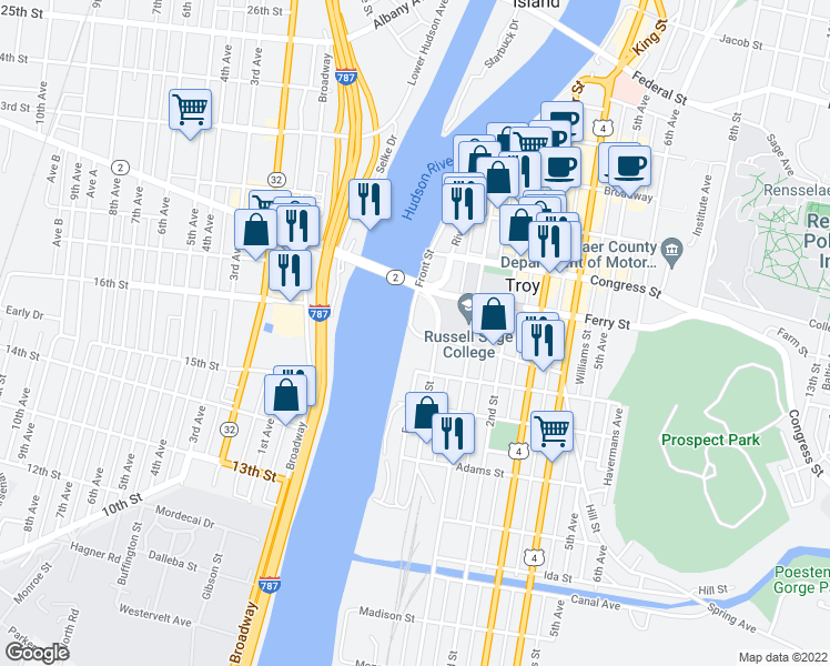map of restaurants, bars, coffee shops, grocery stores, and more near Front Street in Troy