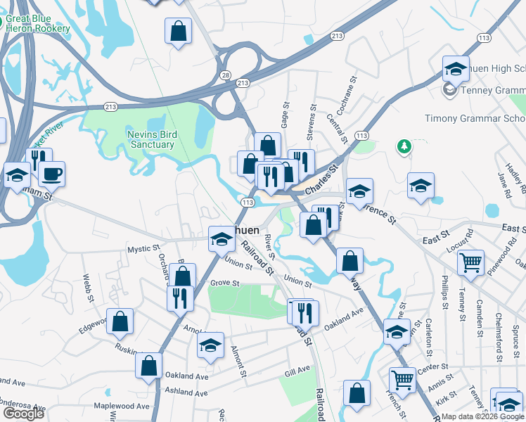 map of restaurants, bars, coffee shops, grocery stores, and more near 6 Lowell Street in Methuen
