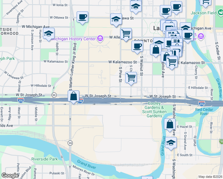 map of restaurants, bars, coffee shops, grocery stores, and more near 629 West Hillsdale Street in Lansing
