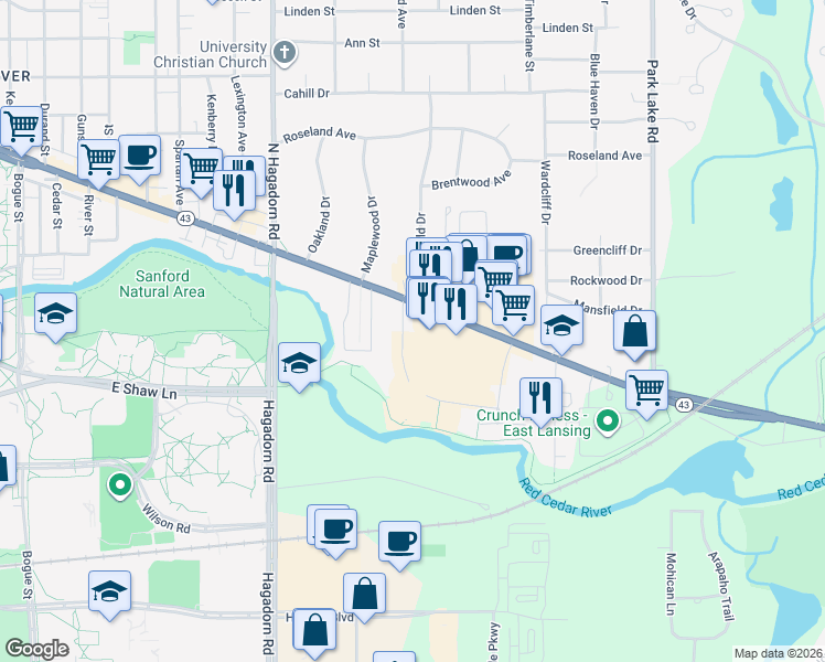 map of restaurants, bars, coffee shops, grocery stores, and more near 1750 East Grand River Avenue in East Lansing