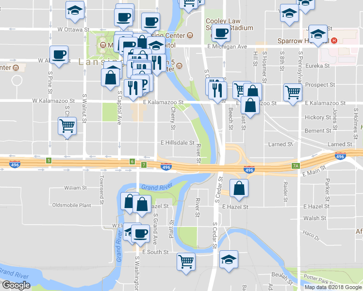 map of restaurants, bars, coffee shops, grocery stores, and more near 533 Cherry Street in Lansing