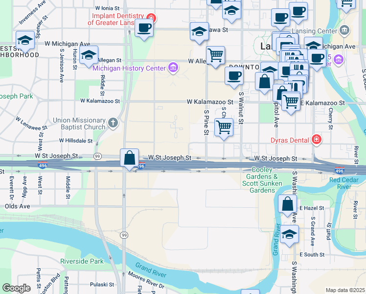 map of restaurants, bars, coffee shops, grocery stores, and more near 600 South Sycamore Street in Lansing