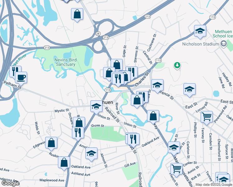 map of restaurants, bars, coffee shops, grocery stores, and more near 45 Osgood Street in Methuen