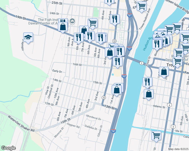 map of restaurants, bars, coffee shops, grocery stores, and more near 1548 4th Avenue in Watervliet