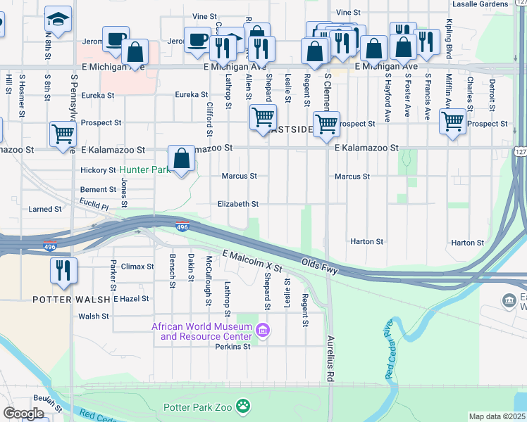 map of restaurants, bars, coffee shops, grocery stores, and more near 536 Shepard Street in Lansing