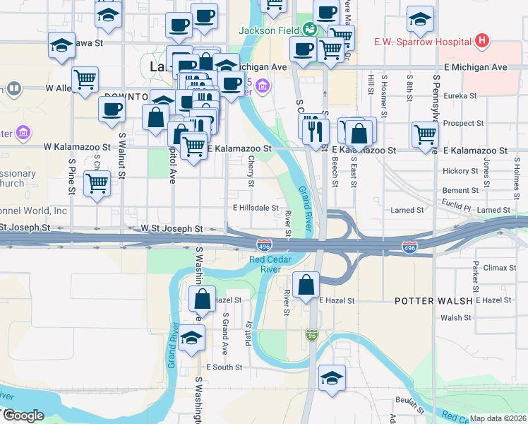 map of restaurants, bars, coffee shops, grocery stores, and more near 533 Cherry Street in Lansing