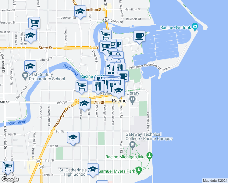 map of restaurants, bars, coffee shops, grocery stores, and more near 441 Main Street in Racine