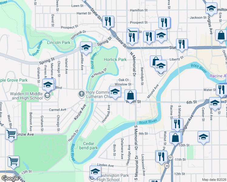 map of restaurants, bars, coffee shops, grocery stores, and more near 423 Cliff Avenue in Racine