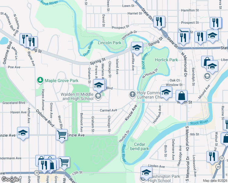 map of restaurants, bars, coffee shops, grocery stores, and more near 2120 Rupert Boulevard in Racine