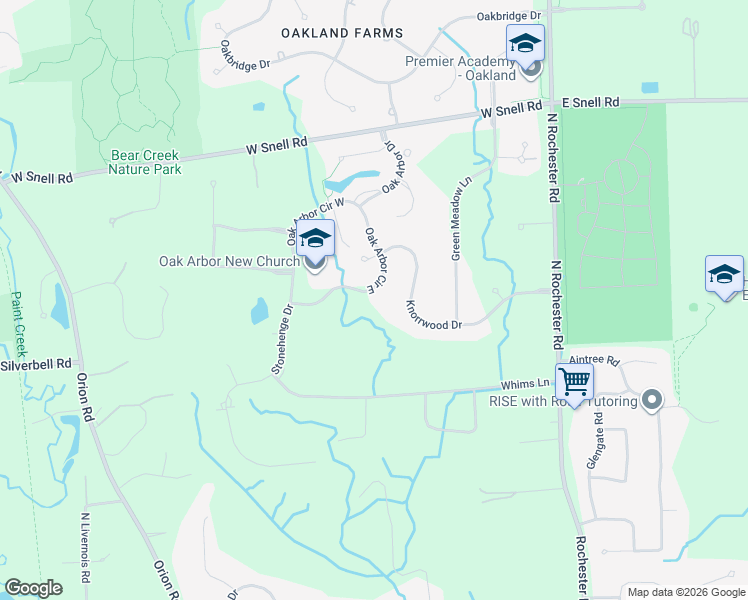 map of restaurants, bars, coffee shops, grocery stores, and more near 446 Oak Arbor Circle East in Rochester
