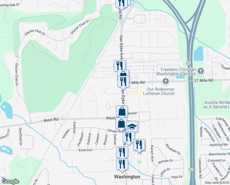 map of restaurants, bars, coffee shops, grocery stores, and more near 7701 Village Drive in Washington