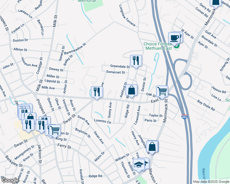 map of restaurants, bars, coffee shops, grocery stores, and more near 4 Scherig Circle in Methuen