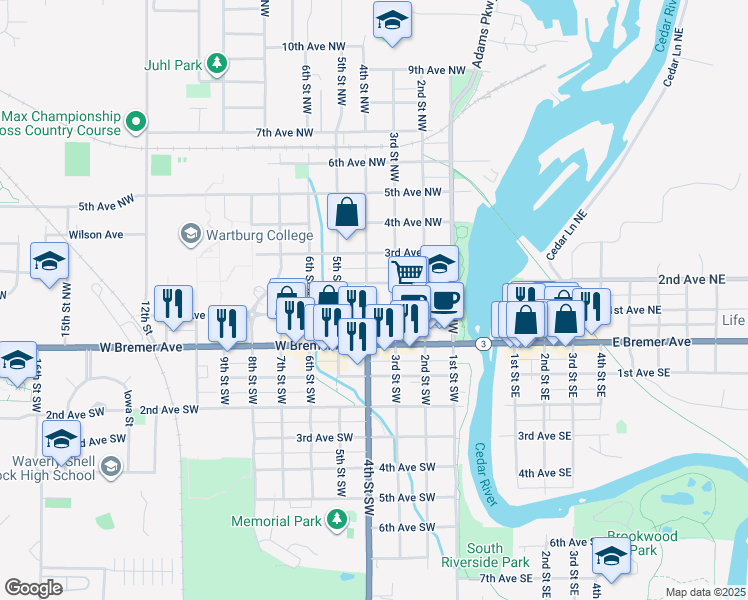 map of restaurants, bars, coffee shops, grocery stores, and more near 399 2nd Avenue Northwest in Waverly