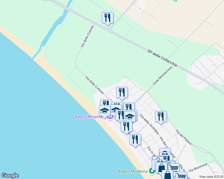 map of restaurants, bars, coffee shops, grocery stores, and more near 14 Via di Ponente in Marina di Grosseto
