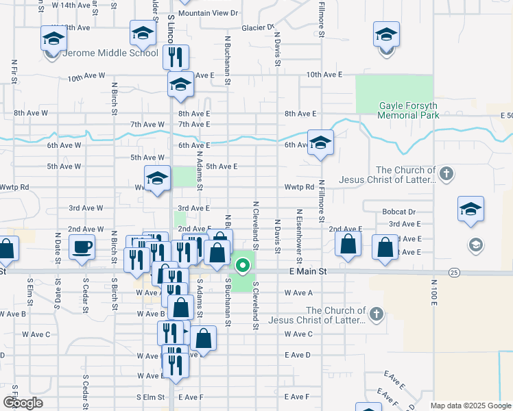 map of restaurants, bars, coffee shops, grocery stores, and more near 410 N Cleveland St in Jerome