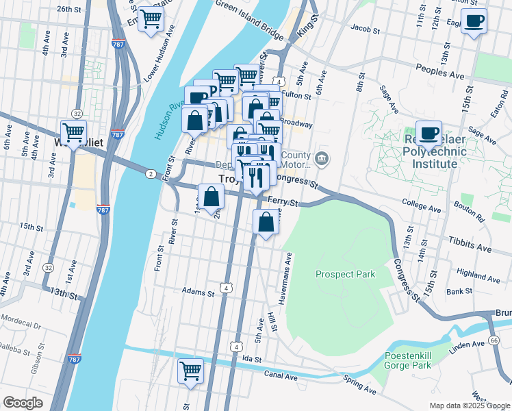 map of restaurants, bars, coffee shops, grocery stores, and more near 82 Ferry Street in Troy