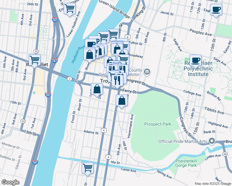 map of restaurants, bars, coffee shops, grocery stores, and more near 82 Ferry Street in Troy