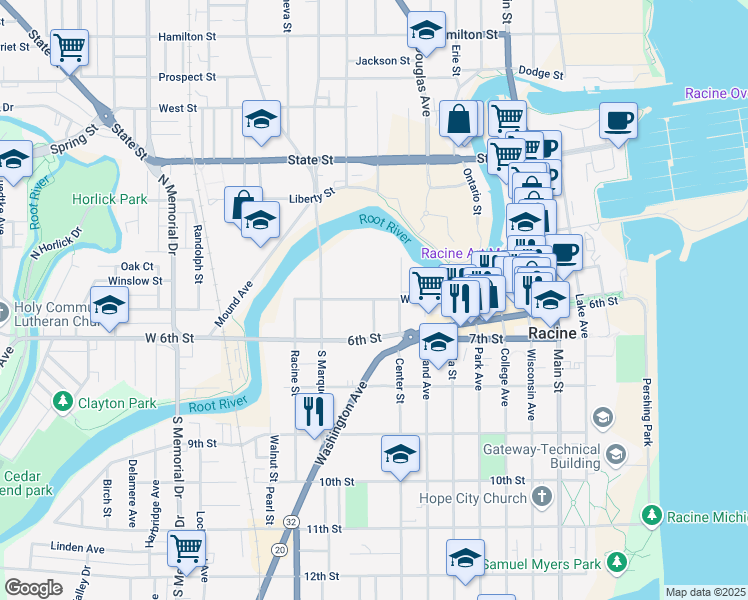 map of restaurants, bars, coffee shops, grocery stores, and more near 601 Stannard Street in Racine