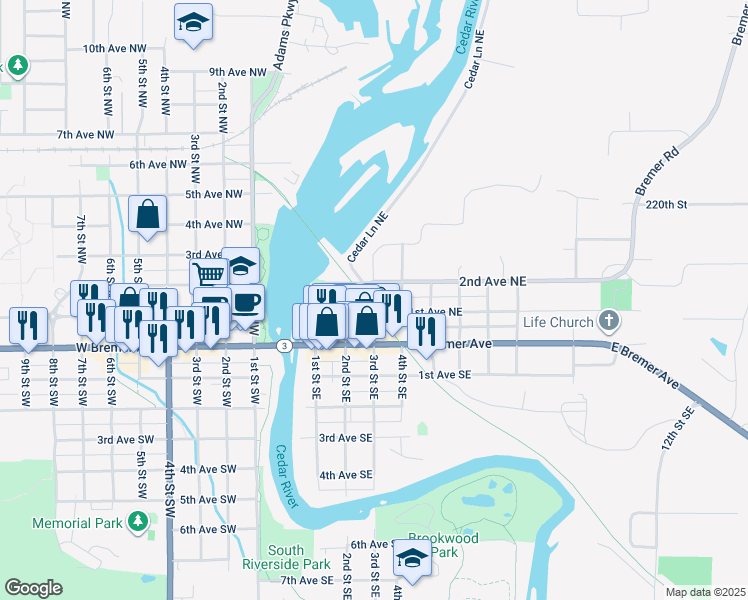 map of restaurants, bars, coffee shops, grocery stores, and more near in Waverly