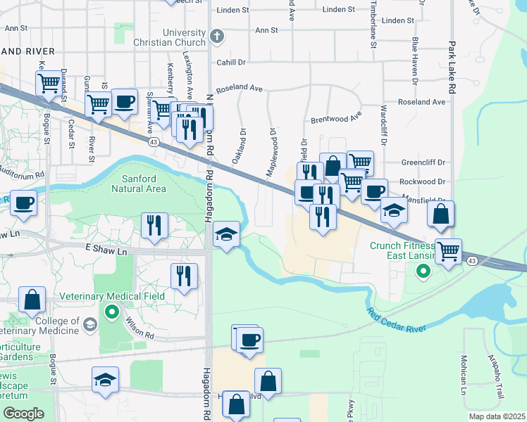 map of restaurants, bars, coffee shops, grocery stores, and more near 1700 East Grand River Avenue in Lansing