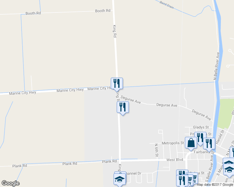 map of restaurants, bars, coffee shops, grocery stores, and more near 6040 King Road in Marine City