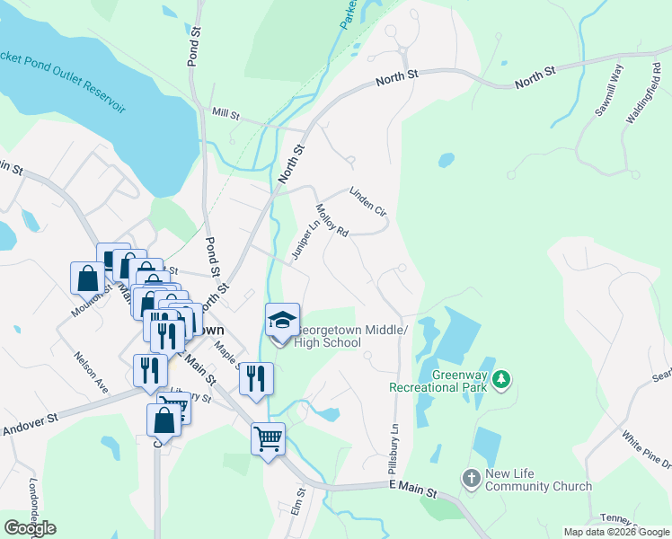 map of restaurants, bars, coffee shops, grocery stores, and more near 12 Larch Road in Georgetown
