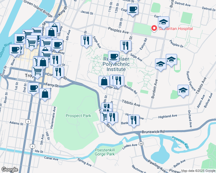 map of restaurants, bars, coffee shops, grocery stores, and more near Rensselaer Polytechnic Institute in Troy