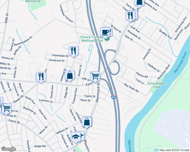 map of restaurants, bars, coffee shops, grocery stores, and more near 224 East Street in Methuen