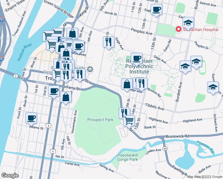 map of restaurants, bars, coffee shops, grocery stores, and more near 243 Congress Street in Troy
