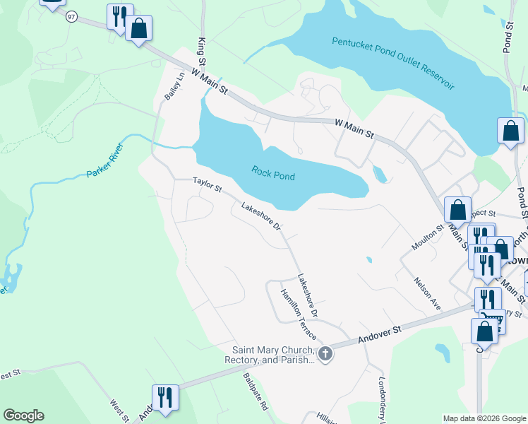 map of restaurants, bars, coffee shops, grocery stores, and more near 109 Lakeshore Drive in Georgetown