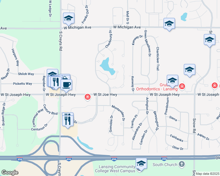 map of restaurants, bars, coffee shops, grocery stores, and more near 500 Burgenstock Drive in Lansing