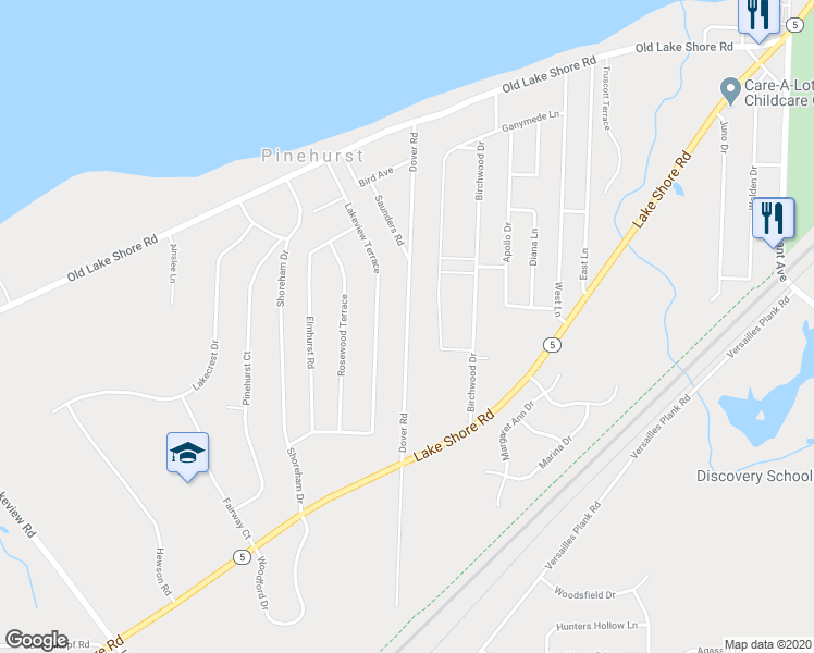 map of restaurants, bars, coffee shops, grocery stores, and more near 5827 Dover Road in Lake View