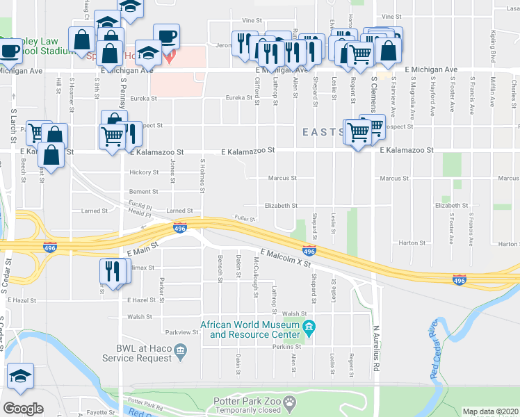 map of restaurants, bars, coffee shops, grocery stores, and more near 601 Clifford Street in Lansing