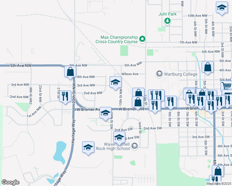 map of restaurants, bars, coffee shops, grocery stores, and more near 221 15th Street Northwest in Waverly