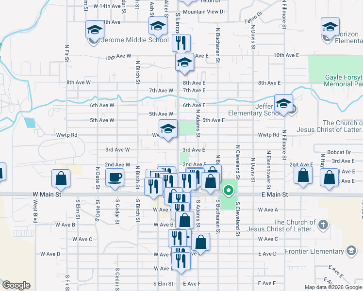 map of restaurants, bars, coffee shops, grocery stores, and more near 117 4th Avenue West in Jerome