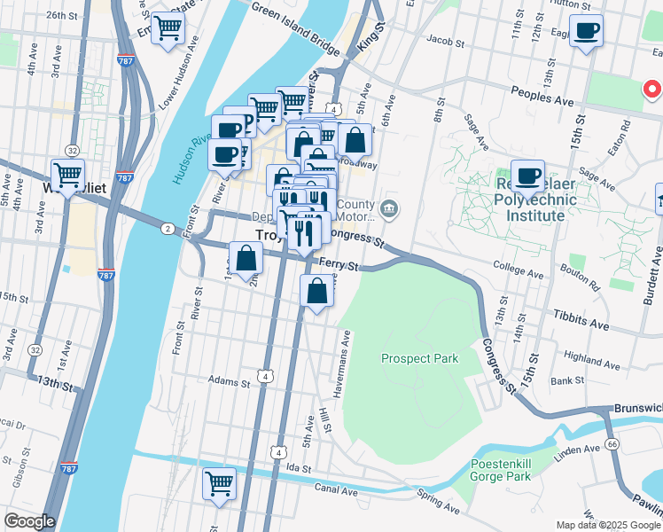map of restaurants, bars, coffee shops, grocery stores, and more near in Troy